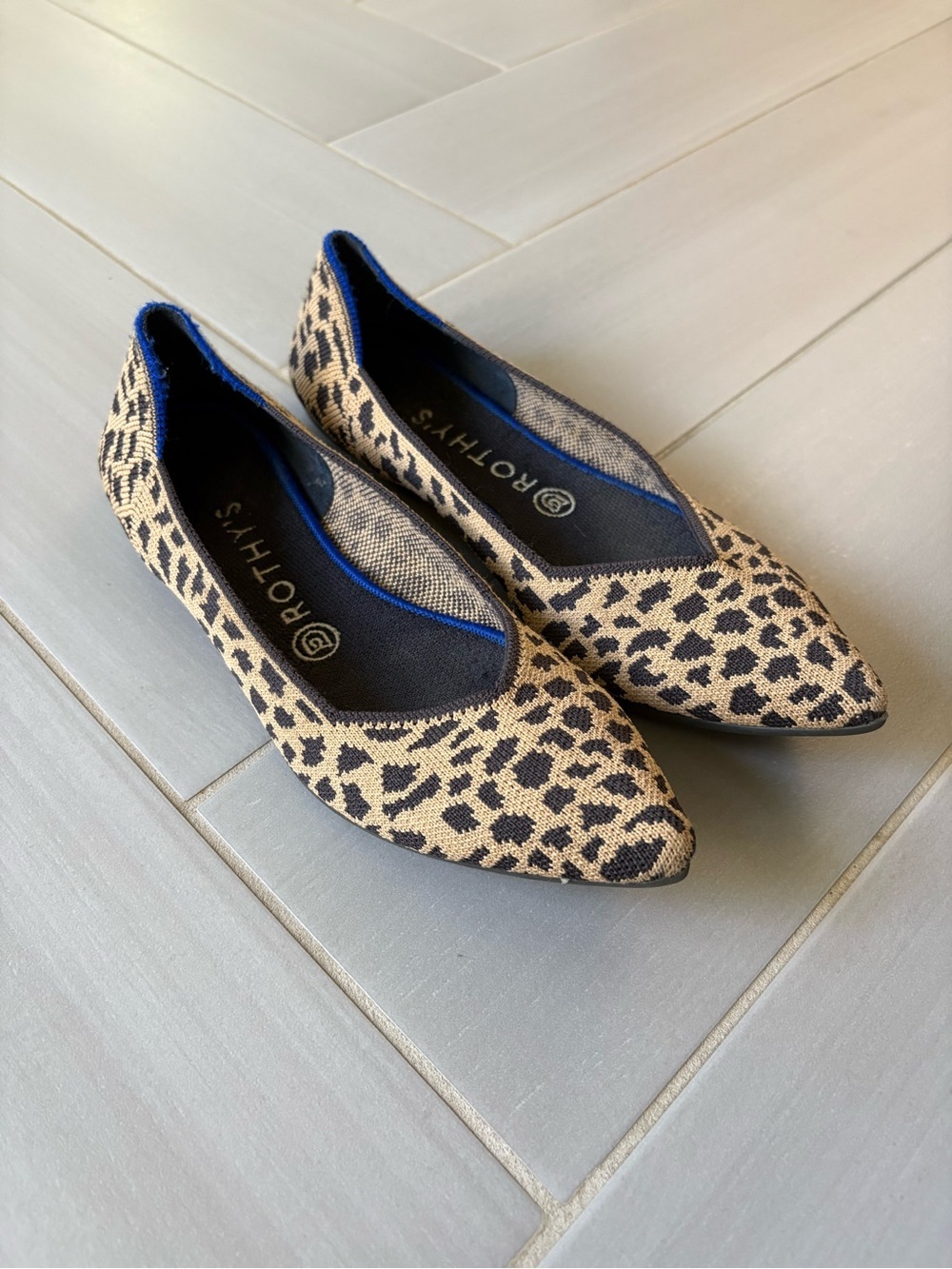 Rothy's Leopard-Print Pointed Toe Flats in Tan and Black